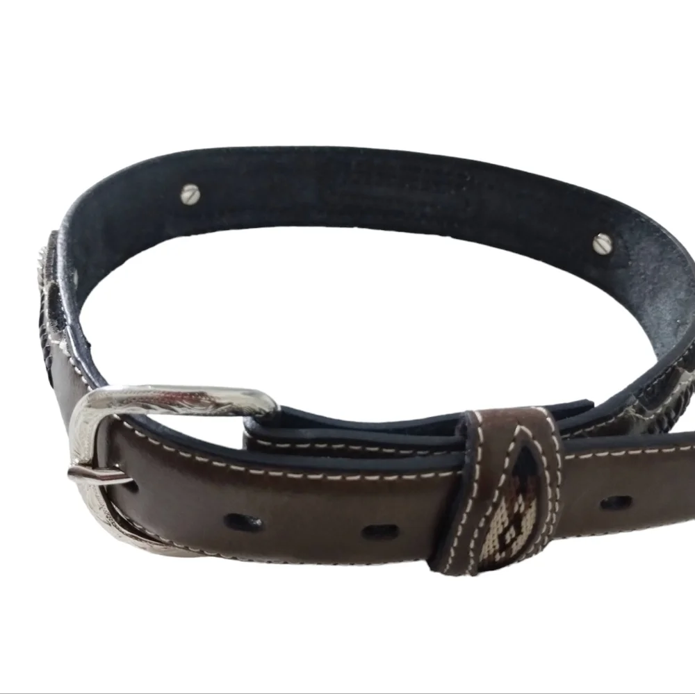 Nocona Western Boys Belt Youth Brown/Black Leather Fabric Inset w/Conchos‎ sz 22